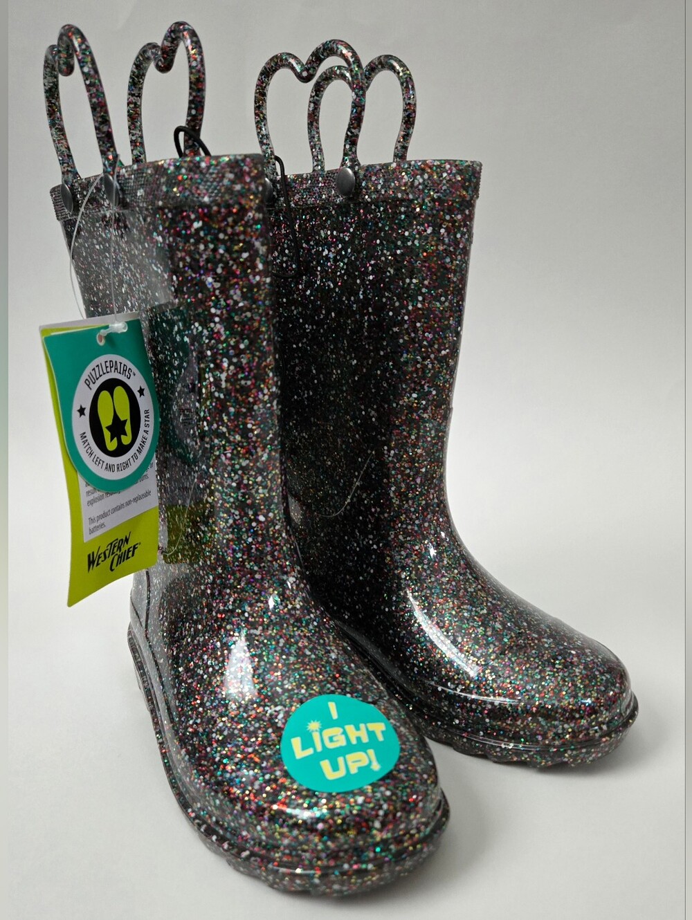 NEW Western Chief Kids Abby Black Glitter Rain Boots Light-Up Waterproof Size 11